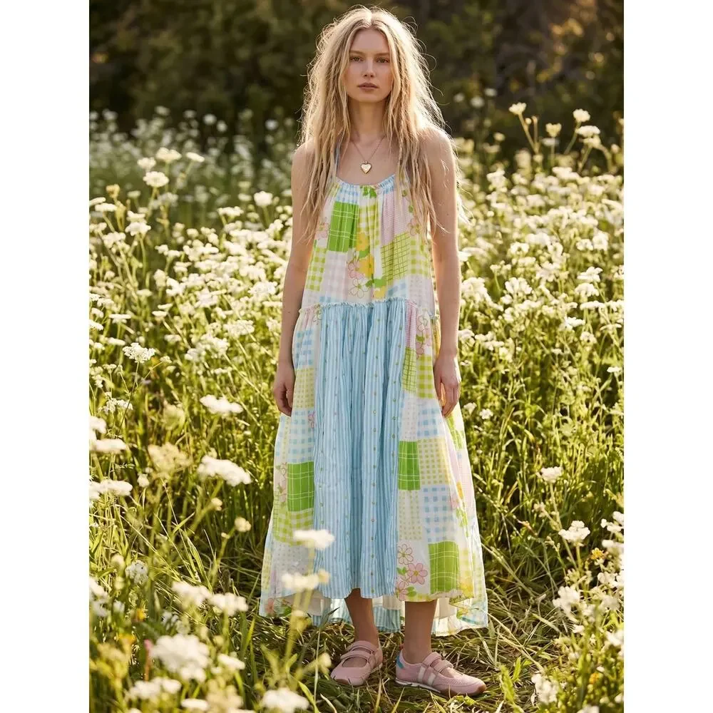 Free People Cottage Embroidered Patched And Pretty Halter Midi Maxi Dress Medium